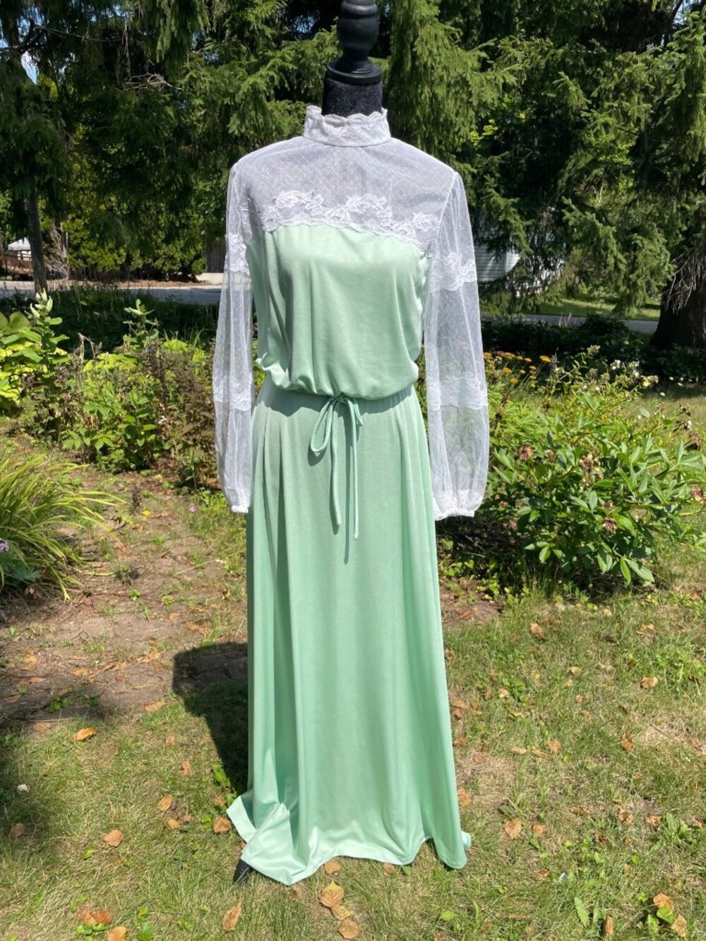 Vintage 70s Maxi Dress Lace Mint Green Lace High Neck Long Sleeve M Handmade